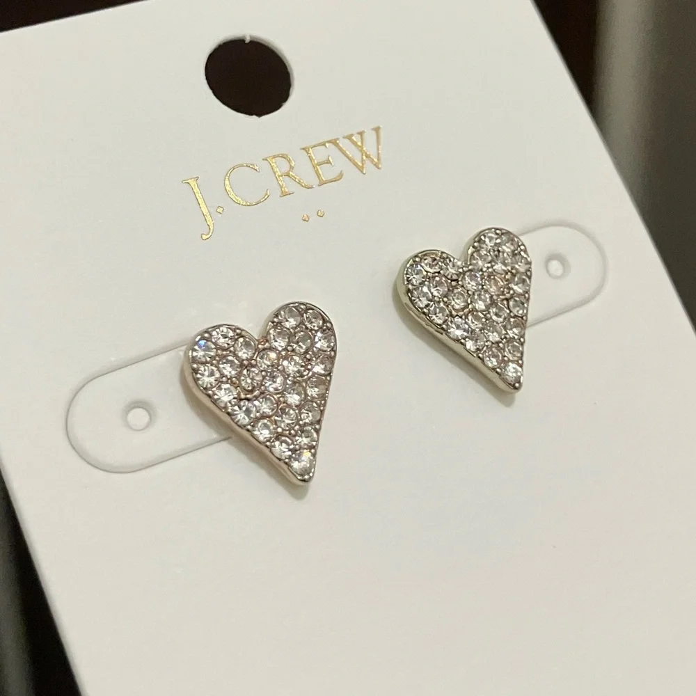 NWT J.Crew Pavé Crystal Heart Stud Earrings Valentine’s Day Pave J. Crew Factory